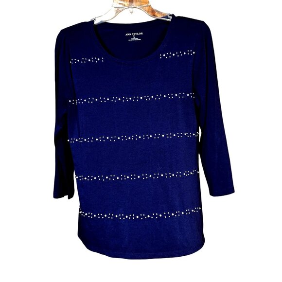 Ann Taylor Tops - Ann Taylor Pearl Embellished Navy Top M 3/4 Sleeve Quiet Luxury Stretch Knit